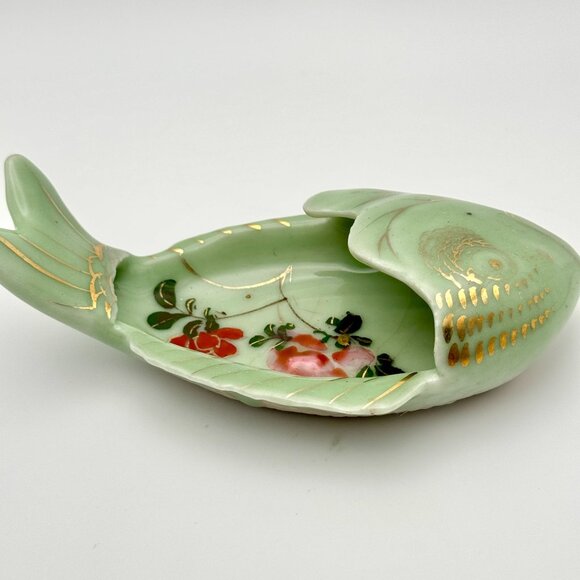 Antique Chinese Hand-Painted Fish Shaped Ceramic Dish Qing Dynasty Green - Picture 2 of 10